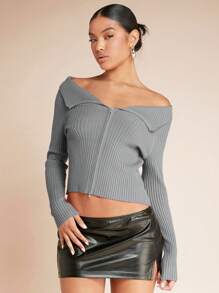 SHEIN BAE Front Zipper Long Sleeve Cardigan - Grey - View 6