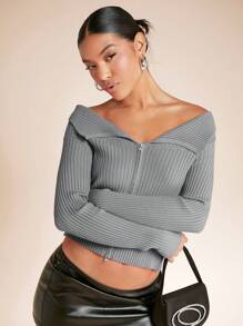 SHEIN BAE Front Zipper Long Sleeve Cardigan - Grey - View 3