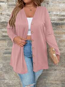 Plus Size Casual Plain Long Sleeve Single-Breasted Jacket - Pink - View 5