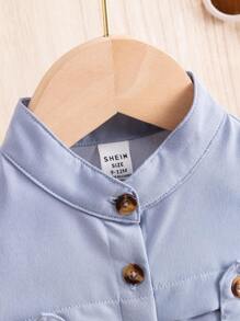 男嬰休閒時尚繫扣襯衫短褲套裝 - 藍色 - 查看 4