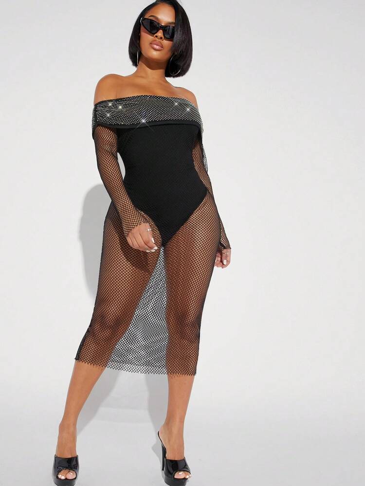 Rhinestone Fishnet Off Shoulder Dress