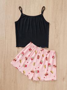 SHEIN Tween Girl's Cartoon Printed Tank Top And Shorts Set For Home, 2pcs