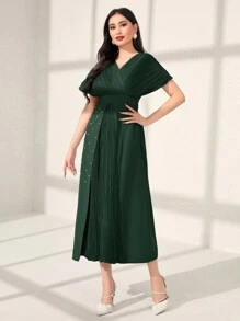 Seusyu Women's Batwing Short Sleeve Patchwork Pleated Dress - Dark Green - View 3