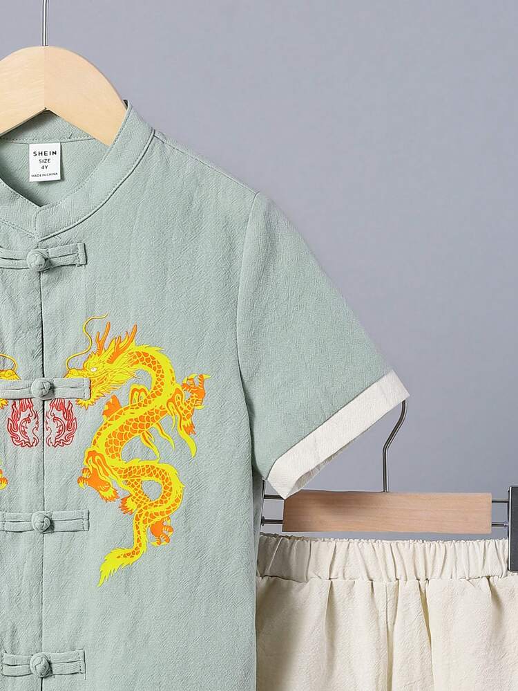 Young Boy Casual Dragon Pattern Hanfu Shirt And Shorts Chinese Style Outfits