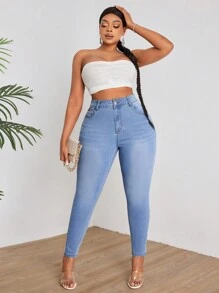 SHEIN SXY Kích thước lớn Độ co giãn Cao Thon gọn Cơ bản Quần jean ôm - Màu xanh lam - Xem 6