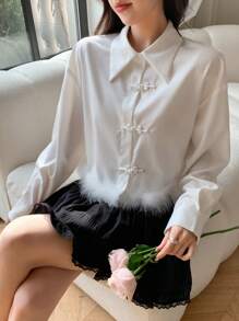 DAZY Women's Asymmetrical Hem Patchwork Drop Shoulder Long Sleeve Shirt,Fall Clothes - White - View 6