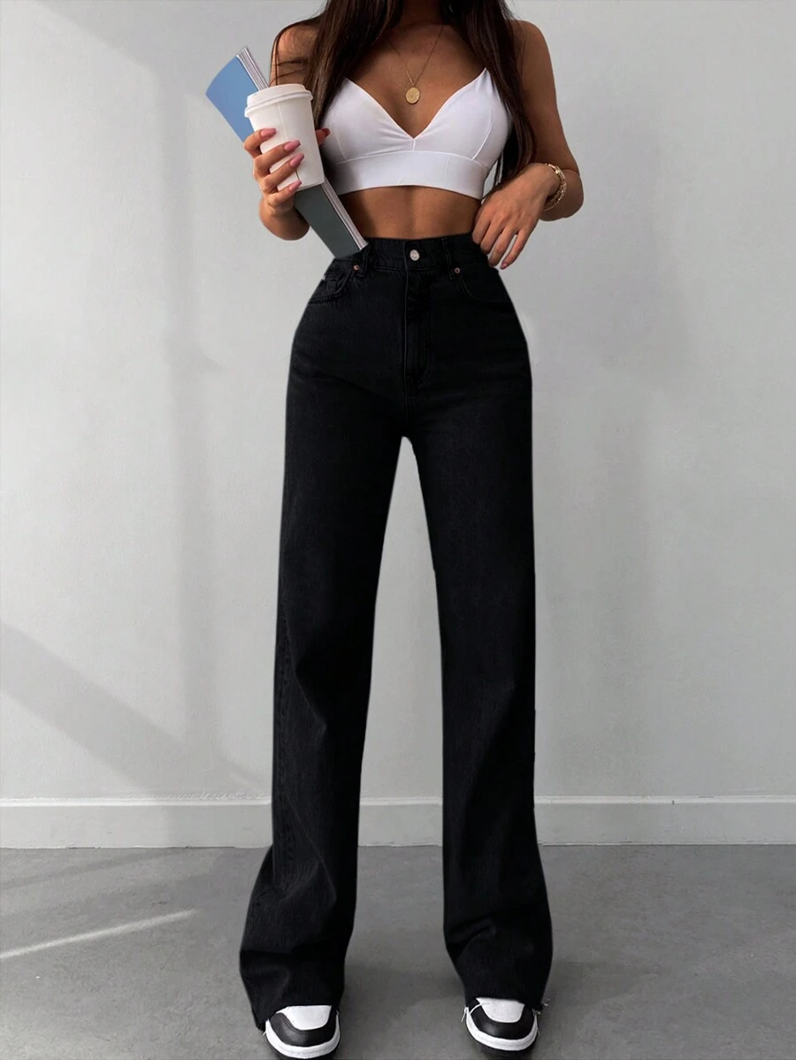 SHEIN Tall Casual High Waist Straight Leg Jeans - Black - View 1