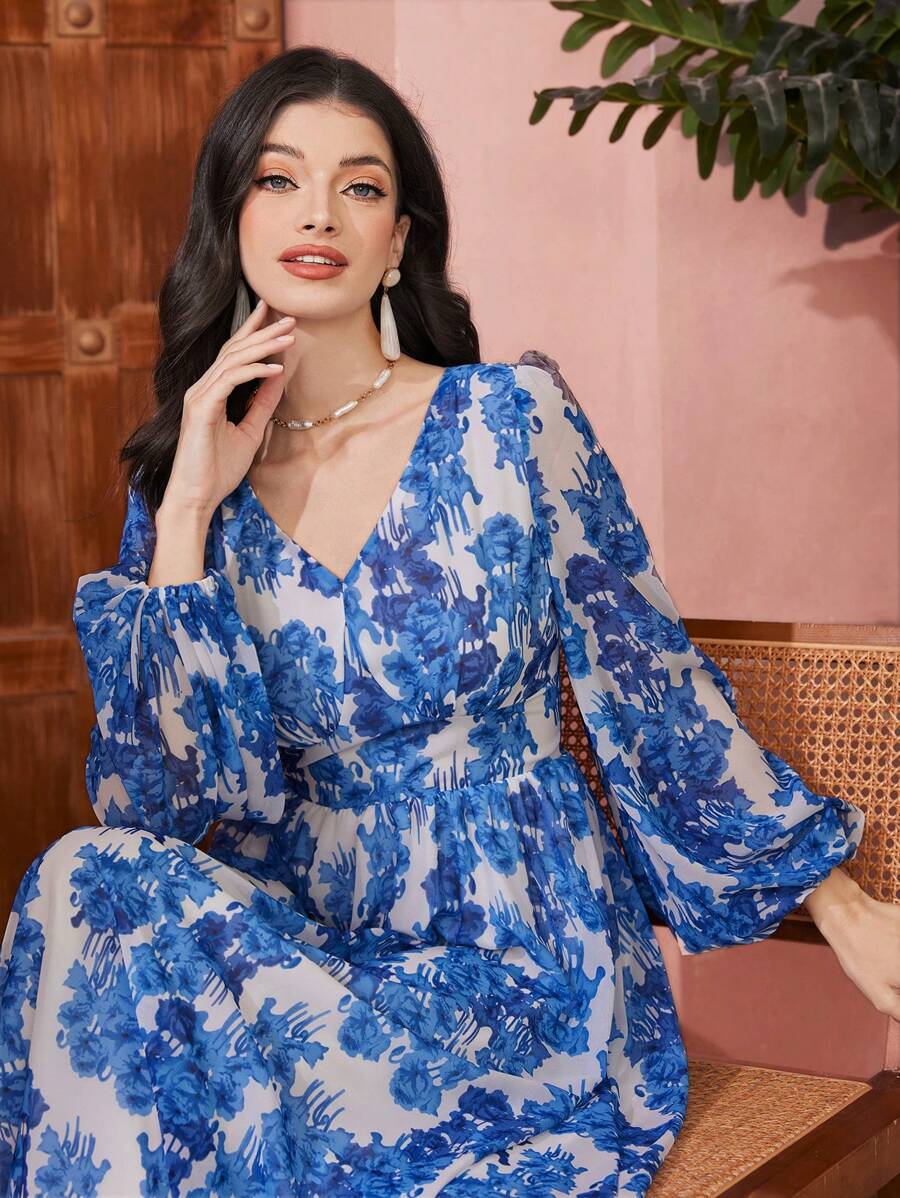 Mulvari Flower Print V Neck Elastic Waist Ruffle Hem Lantern Sleeve Dress - Multicolor - View 1