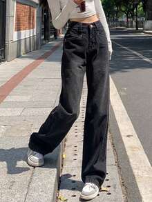 寬鬆直筒牛仔褲，口袋設計，女式長拖褲