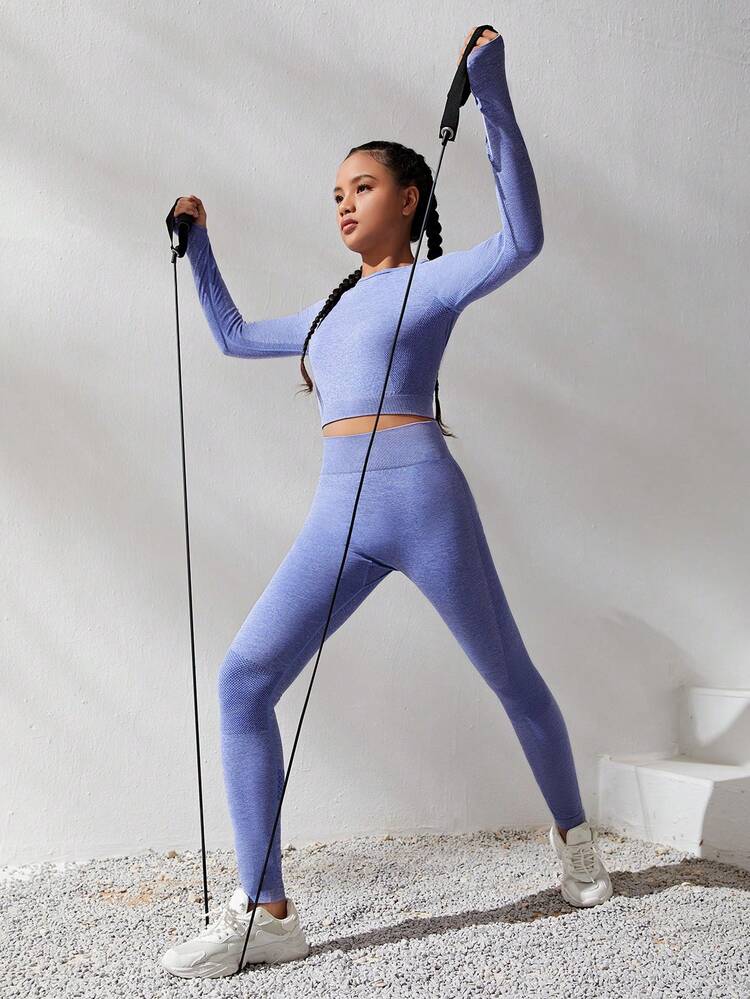 Teenage Girls' Seamless Knitted Jacquard T-Shirt And Long Pants, Sportswear Set