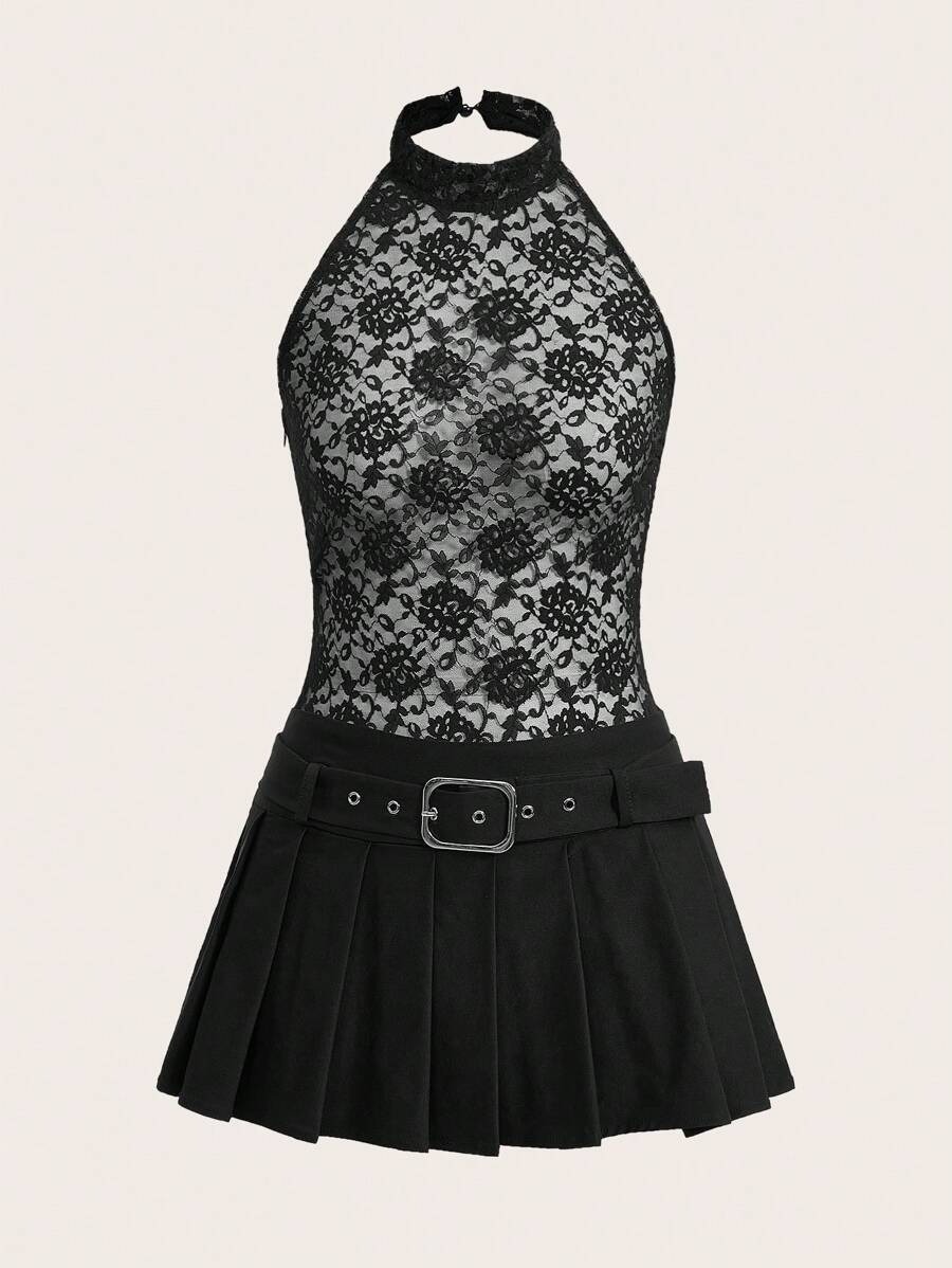 SHEIN ICON Ren Nối mỏng Xếp li Đầm - màu đen - Xem 1