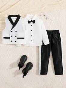 3入組幼兒男孩禮服套裝，包括蝴蝶結襯衫、背心和長褲 - 黑與白 - 查看 1