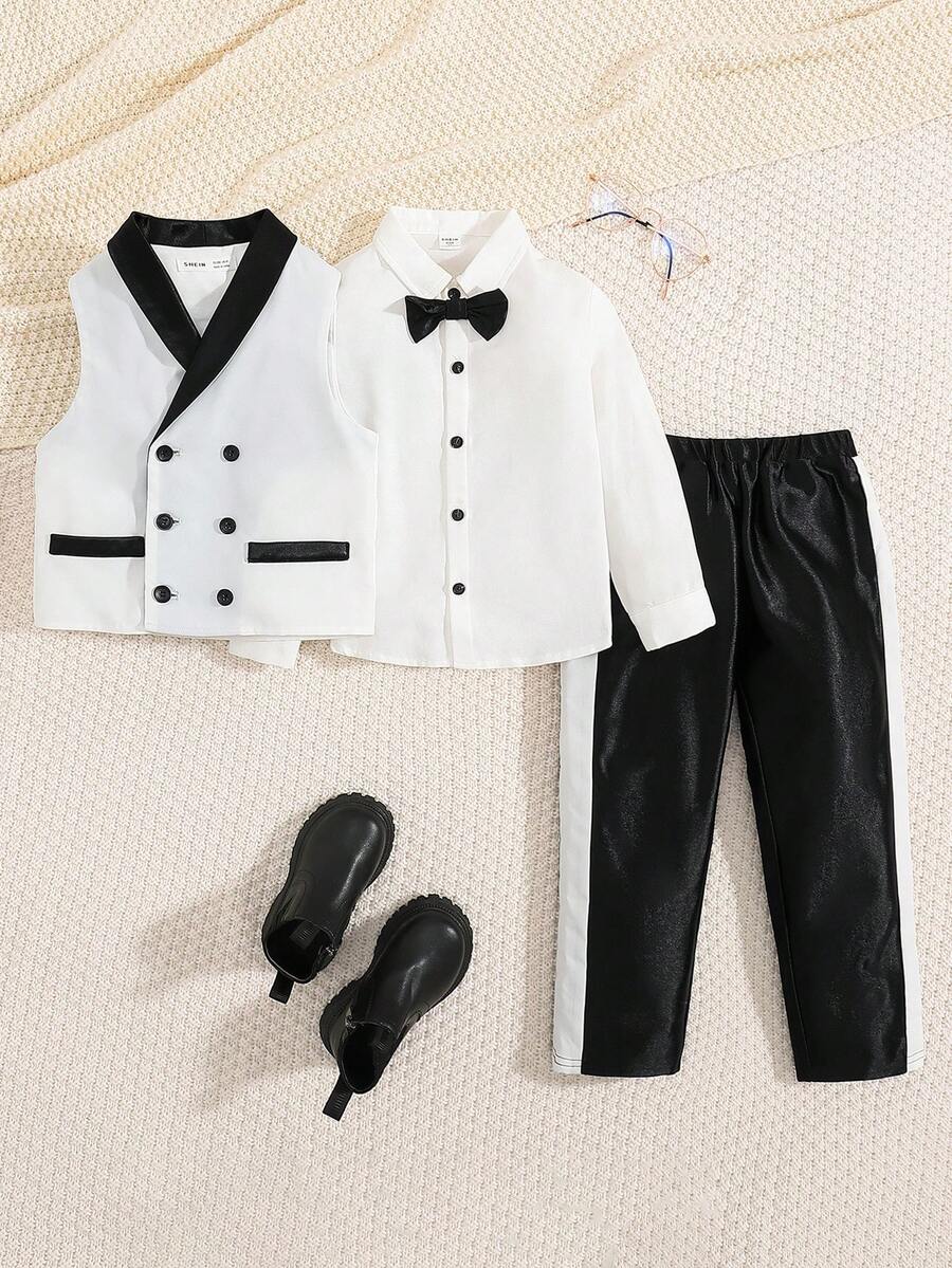 3入組幼兒男孩禮服套裝，包括蝴蝶結襯衫、背心和長褲 - 黑與白 - 查看 1