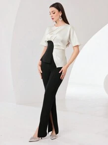 Modelyn Conjunto Para Mujer De Top Plisado De Bloques De Color Y Pantalones Con Dobladillo Dividido - Multicolor - Ver 4