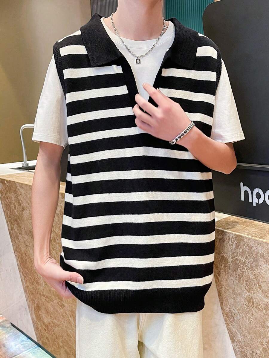 Claim Dot Men'S Striped Casual Sweater Vest - Black and White - View 1