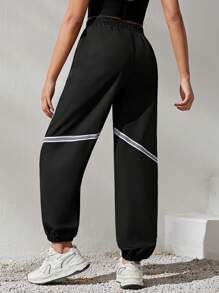 SHEIN 反光織物拼接側口袋青少女束腰束口運動褲,休閒運動長褲 - 彩色 - 查看 2