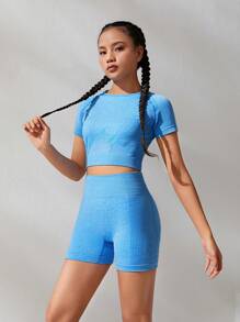 SHEIN Cô gái tuổi teen Liền mạch Dệt hoa Xu hướng: Cắt giảm Trở lại Áo thun Và Quần short Thể thao 2 Miếng - Màu xanh lam - Xem 2