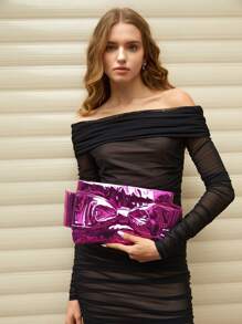 SHEIN ICON 街頭風格,女式y2k時尚酷炫金屬蝴蝶結手拿包 - 玫紅色 - 查看 8