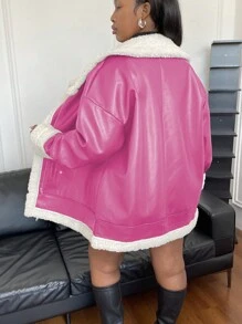 Flirla Plus Size Leather & Fur Combination Coat - Hot Pink - View 2