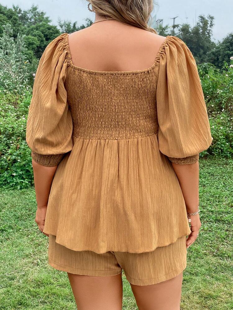 Women'S Plus Size Solid Color Knitted Ruffle Hem Top And Shorts Set