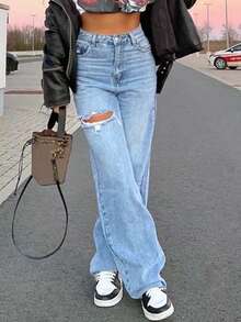 高腰破洞美式休闲女式牛仔裤