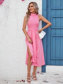 SHEIN Clasi 女士高領無袖打結腰身緊身連衣裙