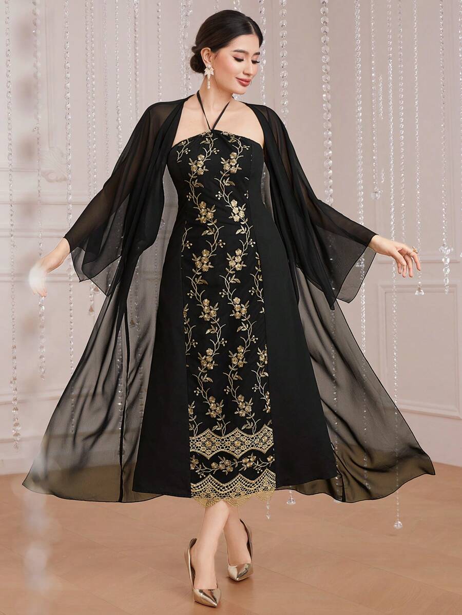 Modelyn 女士花卉刺繡露背連衣裙和夾克兩件套 - 黑色 - 查看 1