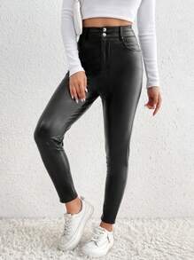 SHEIN Frenchy 女性派對黑色皮革外觀鈕扣pu修身長褲