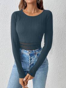 SHEIN Frenchy Women Fall Winter  Black Lace Patchwork Tight Fitted Textured Fabric T-Shirt