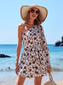 Aveloria Random Printed One Shoulder Lantern Sleeve Romper Fall Cloth For Women - Multicolor - View 4