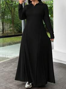 SHEIN EZwear 大码女式黑色长袖Polo领休闲连衣裙 - 黑色 - 查看 3