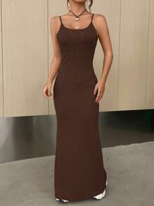 SHEIN EZwear Ladies' Solid Color Tight Cami Dress And Hooded Jacket Two-Piece Set - Brown - View 3