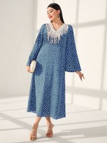 Al Najma Full Printed Patchwork Water Soluble Lace V-Neck Kaftan - Blue - View 1