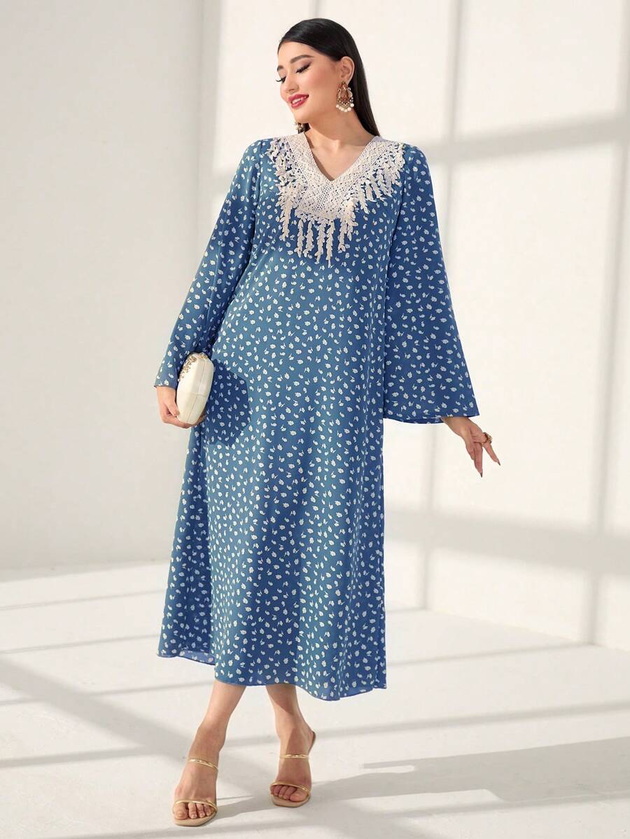 Al Najma Full Printed Patchwork Water Soluble Lace V-Neck Kaftan - Blue - View 1