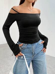 SHEIN EZwear Solid Color Off Shoulder Pleated Bodycon Long Sleeve T-Shirt