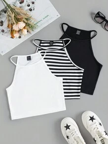 SHEIN EZwear 女士純色和條紋背心上衣 - 彩色 - 查看 1