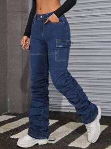 SHEIN ICON 低腰褶皺實用牛仔褲 - 中等水洗藍 - 查看 4