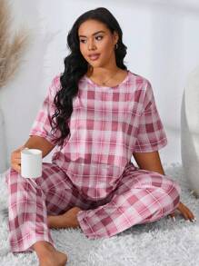女士大尺碼休閒格紋睡衣套裝 - 粉色 - 查看 1