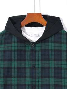 SHEIN 男孩休閒格紋紐扣襯衫,字母印花與拼色帽子 - 墨綠色 - 查看 3