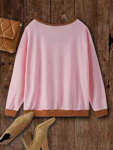 Plus Ribbed Trim Loose Sweatshirt Tops - Pink - View 2