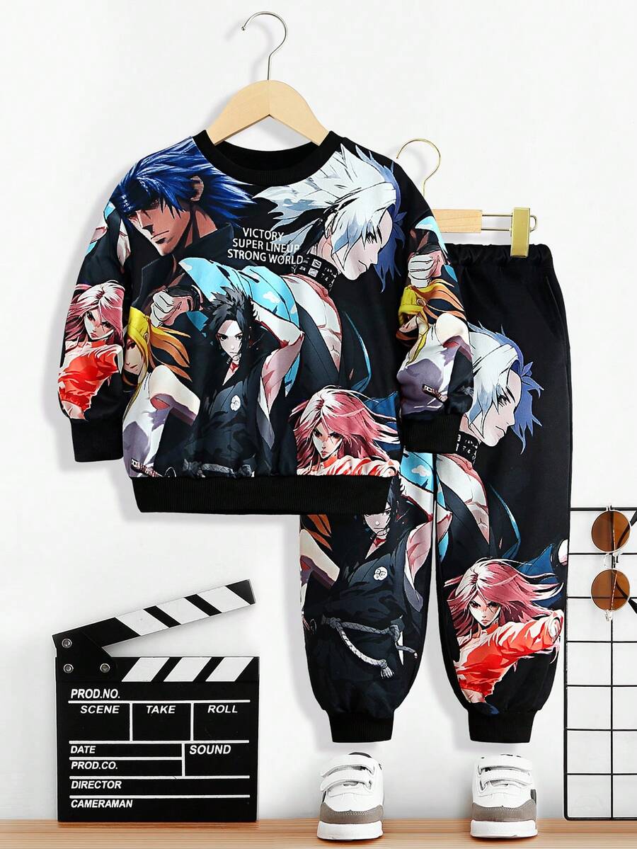 Boys Two-Piece Set Of Casual And Comfortable Cartoon Character Pattern Round Neck Sweatshirt And Sweatpants - Black - View 1
