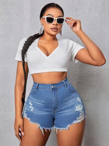 Slaydiva Pantalones Cortos Rasgados Elásticos Con Ajuste Delgado De Talla Grande De Mezclilla - Azul - Ver 4