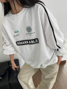 DAZY 女士寬鬆顏色拼塊字母印花連帽衫 - 白色 - 查看 2