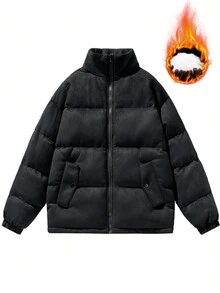 Men's Solid Color Stitching Zip-Up Padded Coat - Black - View 1