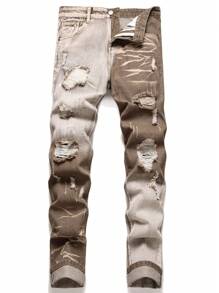 Jeans de mezclilla con parches de colores desgastados de moda para hombres - Café integral - Ver 1