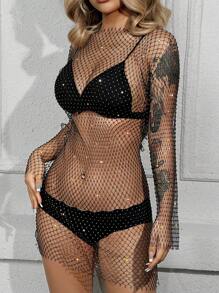 Allurite 1件透明魚網連衣裙 - 黑色 - 查看 3