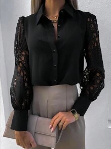 EMERY ROSE 撞色凸花蕾絲正面鈕扣襯衫 - 黑色 - 查看 1