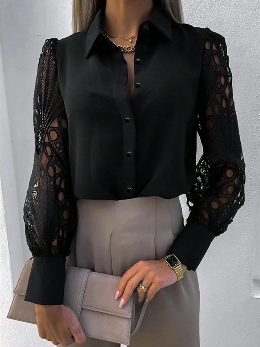 EMERY ROSE 撞色凸花蕾絲正面鈕扣襯衫 - 黑色 - 查看 1