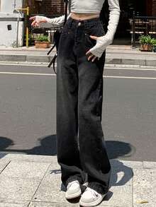 寬鬆直筒牛仔褲，口袋設計，女式長拖褲