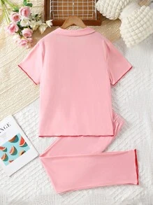 Teen Girls' Pink Simple Short Sleeve Button Up Shirt And Pants Pajama Set, 2pcs - Pink - View 2